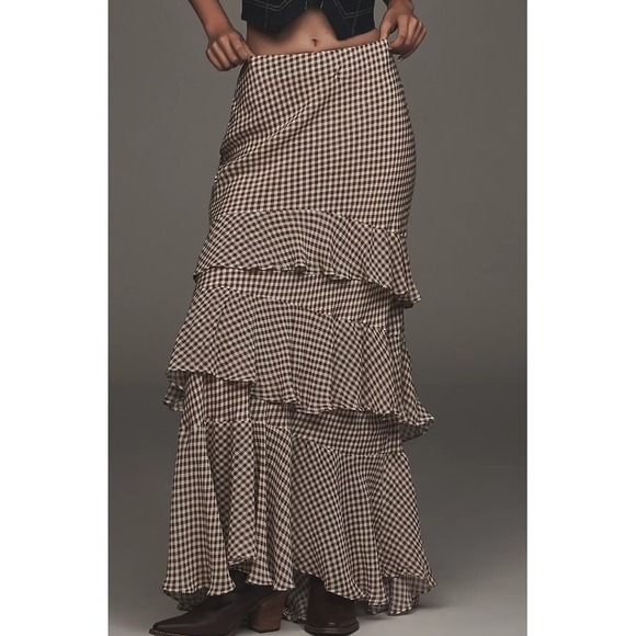 RIXO Dresses & Skirts - RIXO Preslee Tiered Ruffle Maxi Skirt Brown Gingham Boho Festive Flowy Prairie 8